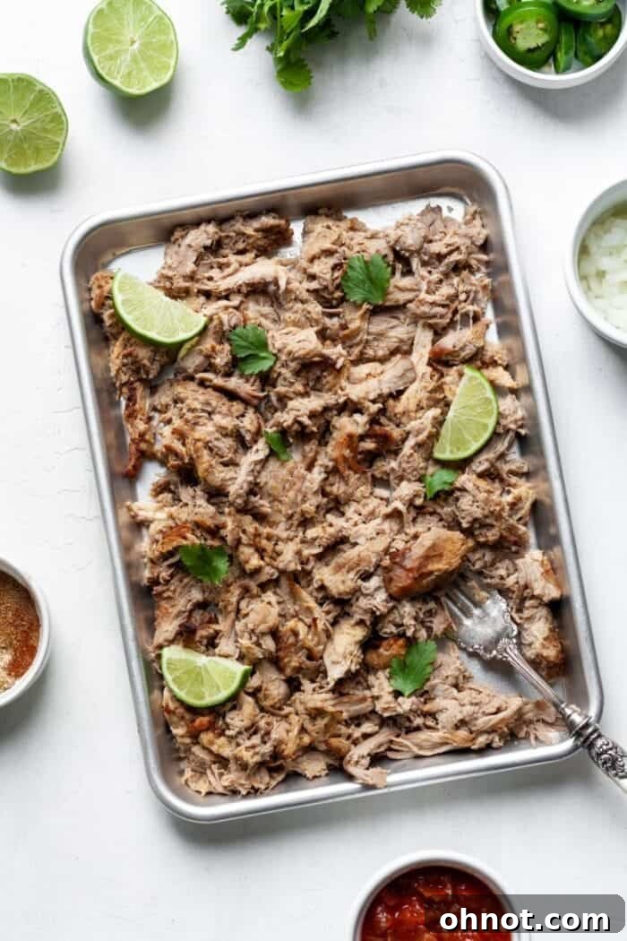 Instant pot Keto carnitas on a baking sheet, golden and crispy.