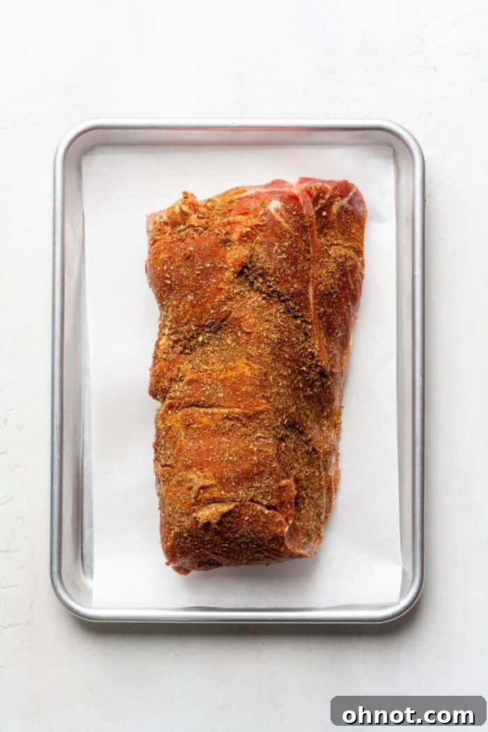 Pork butt covered in Mexican spices, ready for slow cooking.