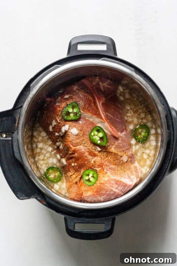 Pressure cooker containing pork and ingredients for carnitas.