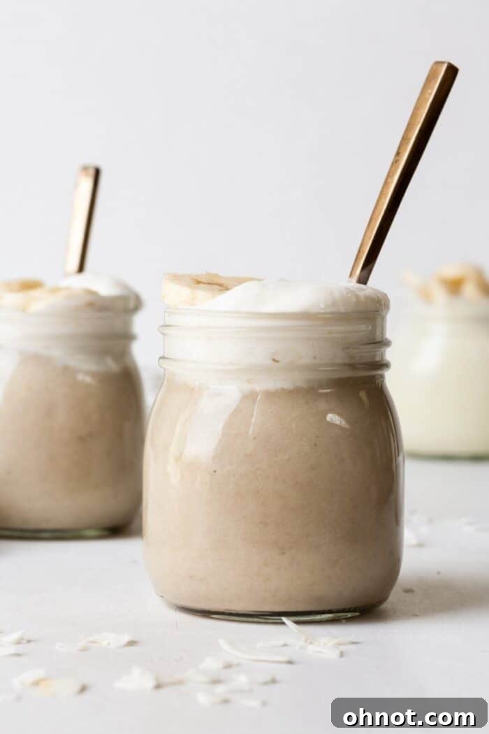 A bowl of creamy vegan banana pudding topped with fresh banana slices.
