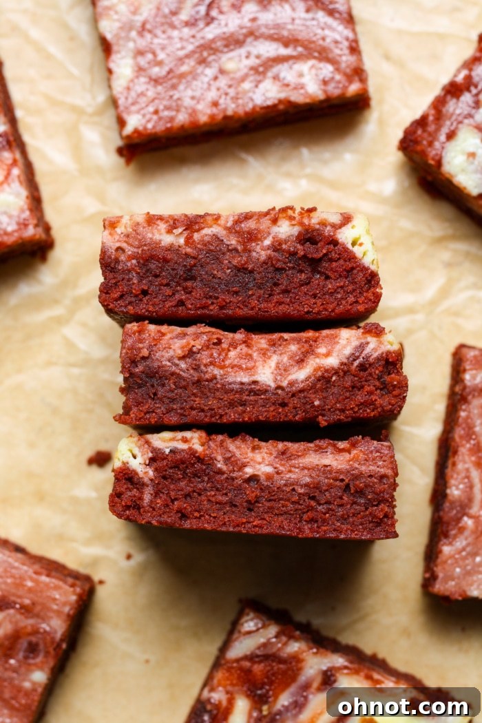 Close up of red velvet cheesecake bars.