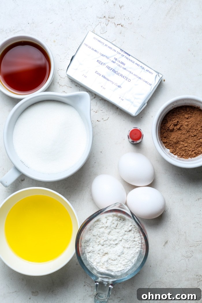 Ingredients for red velvet cheesecake brownies.
