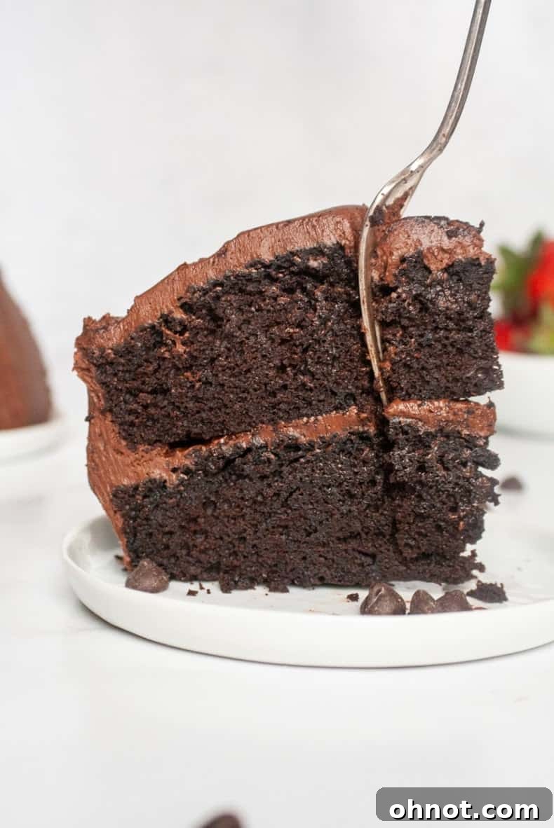 Second image showing the Grain-Free Gluten-Free Paleo Chocolate Cake, beautifully frosted, with a slice already cut, revealing the moist interior and dark chocolate layers.