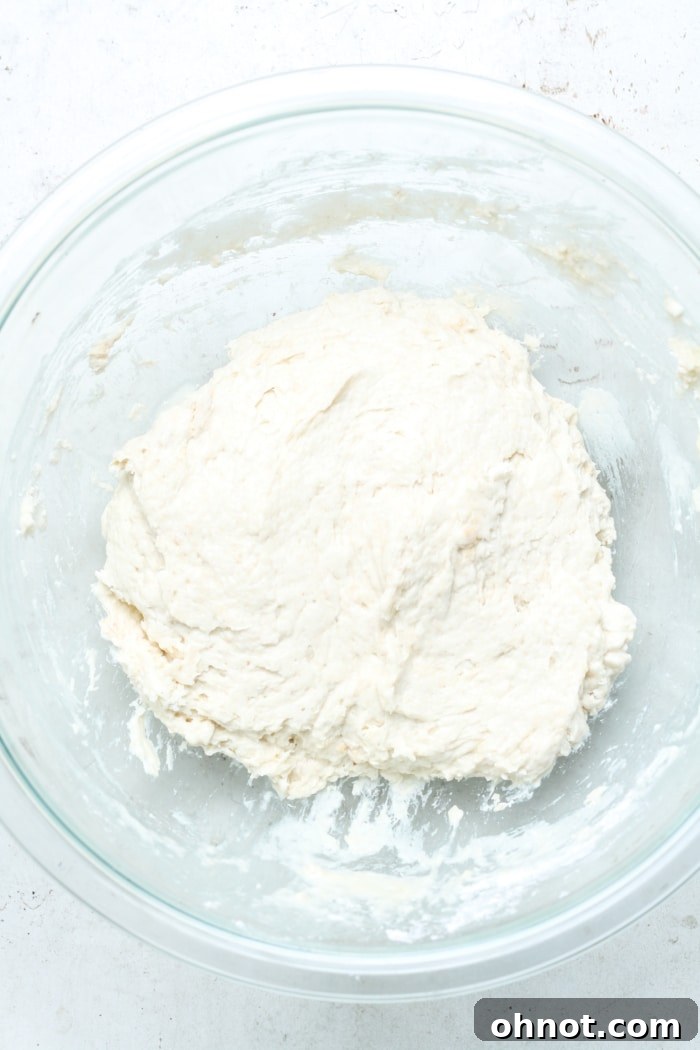 A close-up image of fresh, sticky gluten-free pizza dough in a mixing bowl, ready for rising.