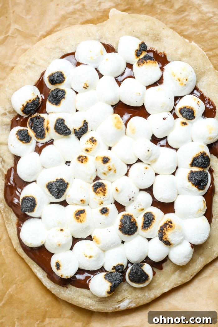 A S'mores Pizza fresh from the oven, showcasing perfectly melted chocolate and beautifully toasted, golden-brown marshmallows.