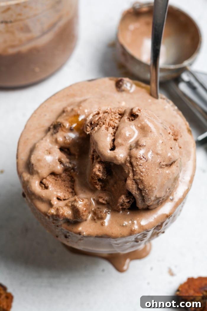 Rich and creamy homemade Ninja Creami chocolate ice cream in a pint container, topped with a crumbled cookie.