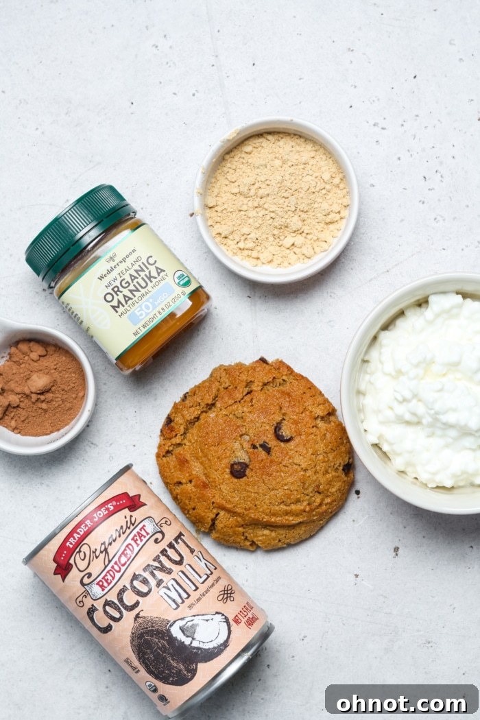Individual ingredients for Ninja Creami chocolate ice cream laid out on a surface.