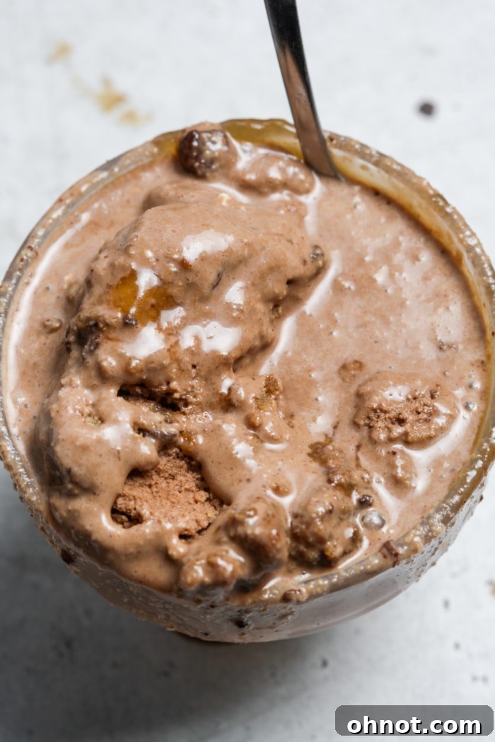 Scoops of melty chocolate ice cream with a crumbled cookie on top in a bowl.
