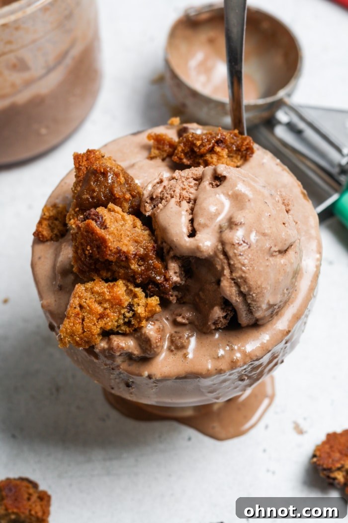 Scoops of creamy chocolate ice cream topped with cookies and a drizzle of sauce.