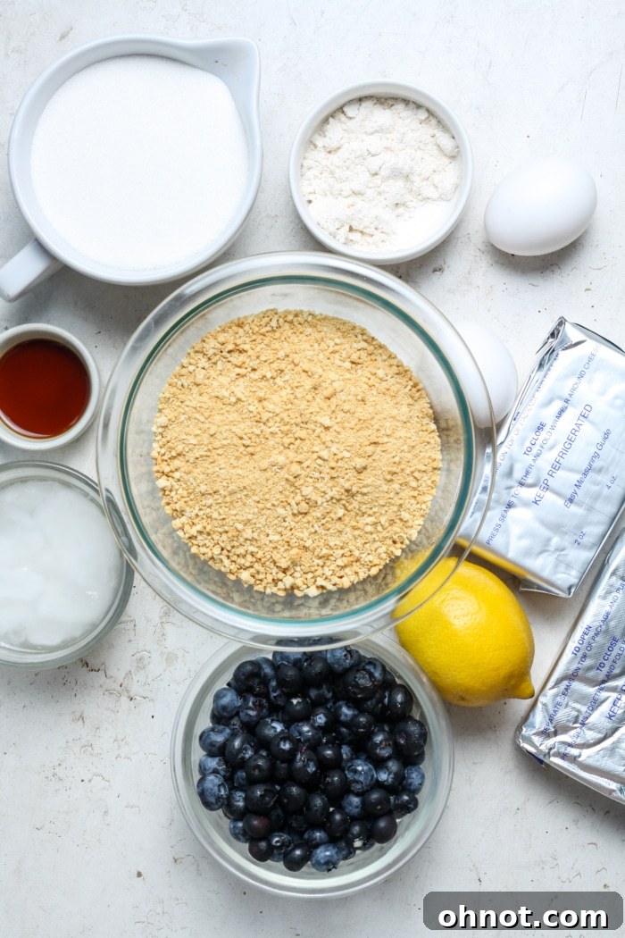All the fresh ingredients laid out for making blueberry cheesecake bars.