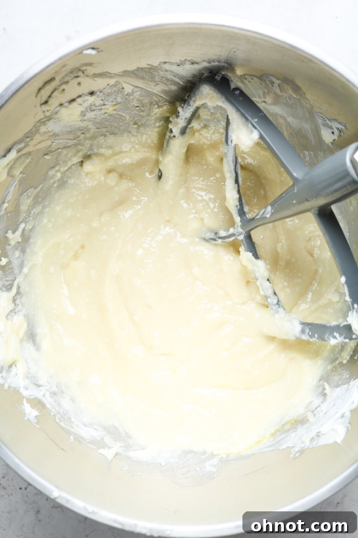 Cheesecake filling in a mixing bowl after adding eggs.