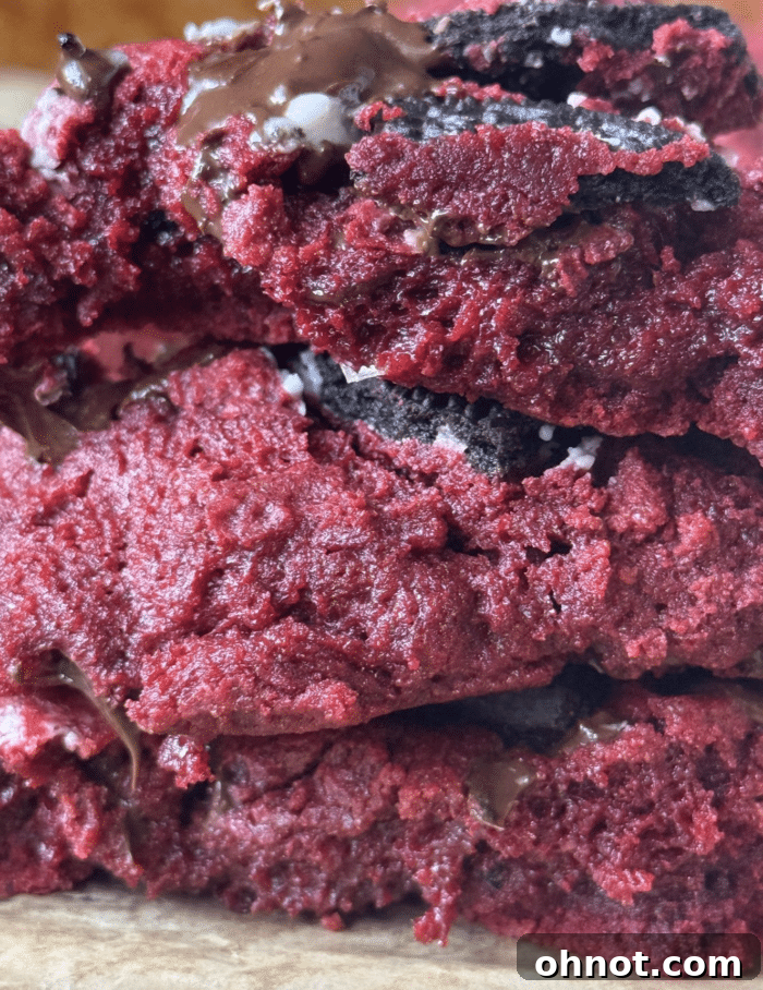 Close up of a single red velvet cookie with visible Oreo chunks and chocolate chips.