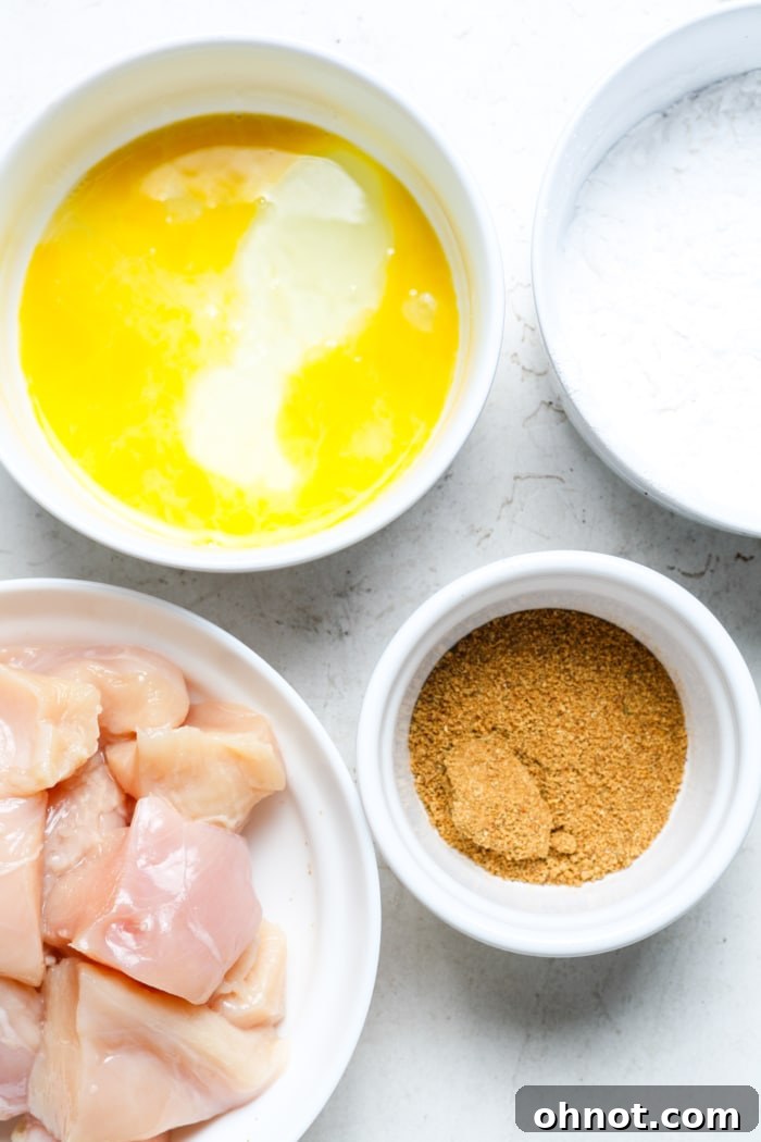 Collection of fresh ingredients for gluten-free popcorn chicken: chicken breast, egg, gluten-free flour, salt, pepper, and garlic powder.