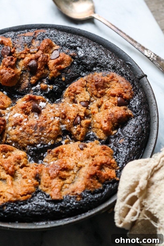 A warm, gooey Brookie Skillet topped with melted chocolate chips.