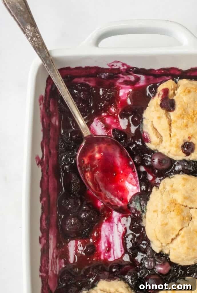 Gluten-free blueberry cobbler in a white casserole dish, baked to golden perfection.
