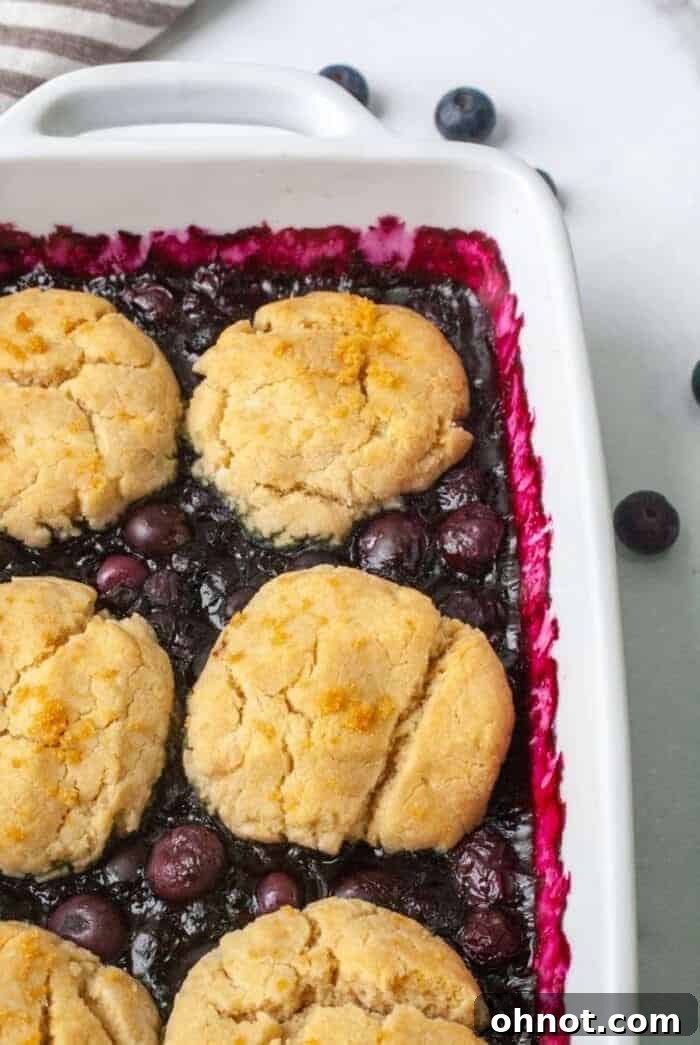 A white casserole dish filled with baked Gluten Free Blueberry Cobbler, ready to be served.