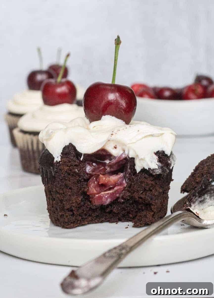 Homemade chocolate cherry cupcakes on a wooden board