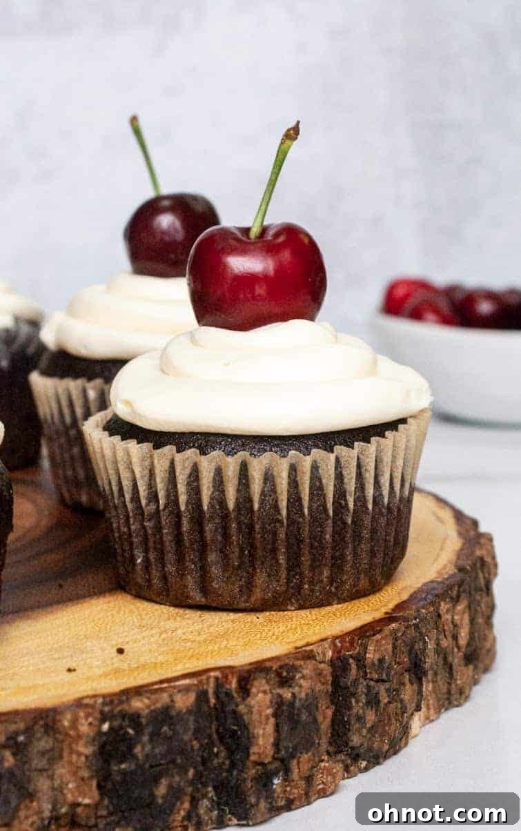 Close-up of a filled chocolate cherry cupcake with frosting