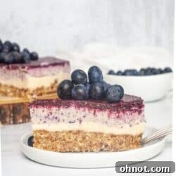 Vegan Blueberry Cheesecake on a white plate.
