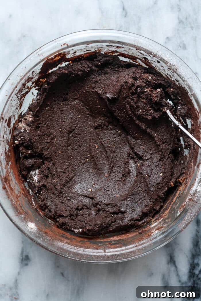 Rich dark chocolate batter.