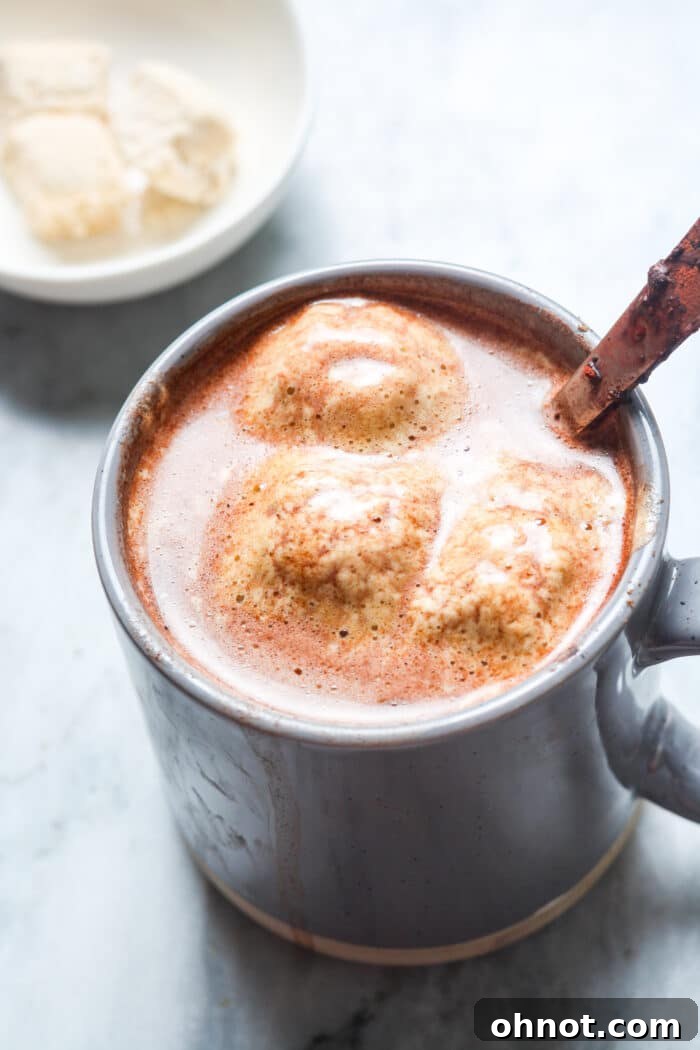 A top-down view of a mug filled with bone broth hot chocolate, featuring a frothy top layer, indicating a rich and creamy texture, ready to be enjoyed.