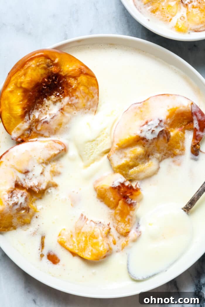 Creamy fruit plate with fresh baked peaches and a scoop of ice cream.
