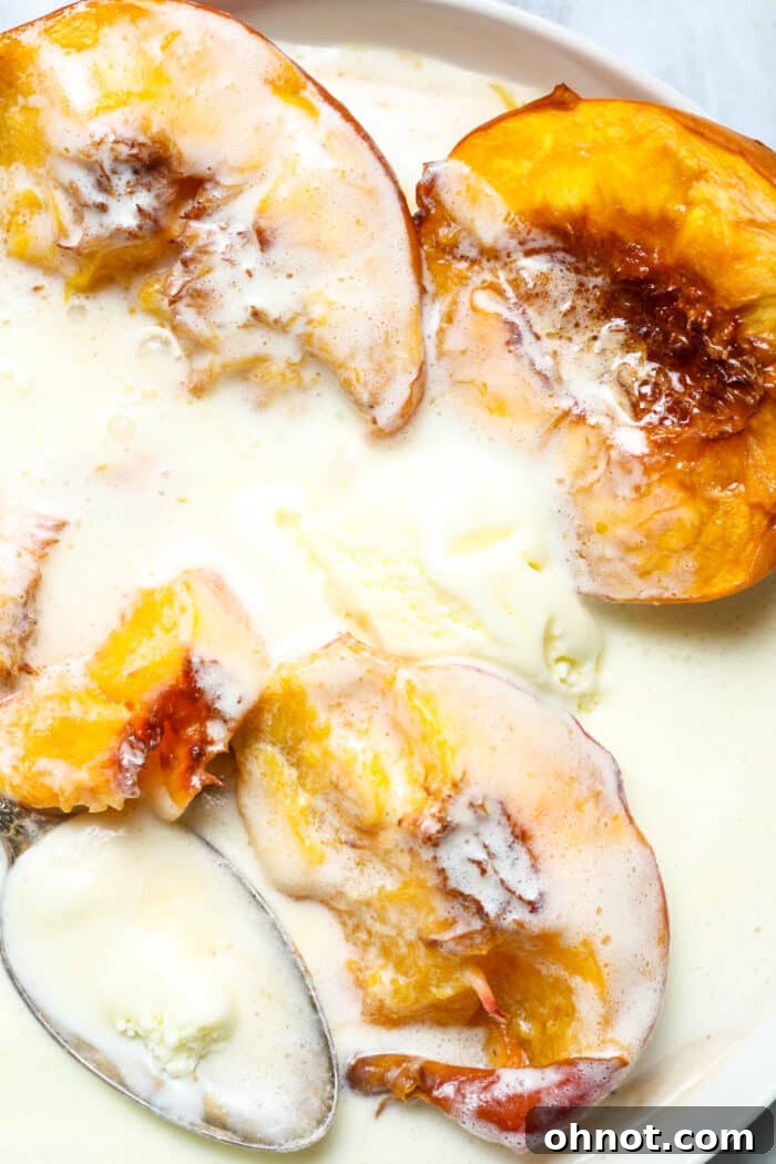 Baked fruit with ice cream melting on top, presented beautifully.