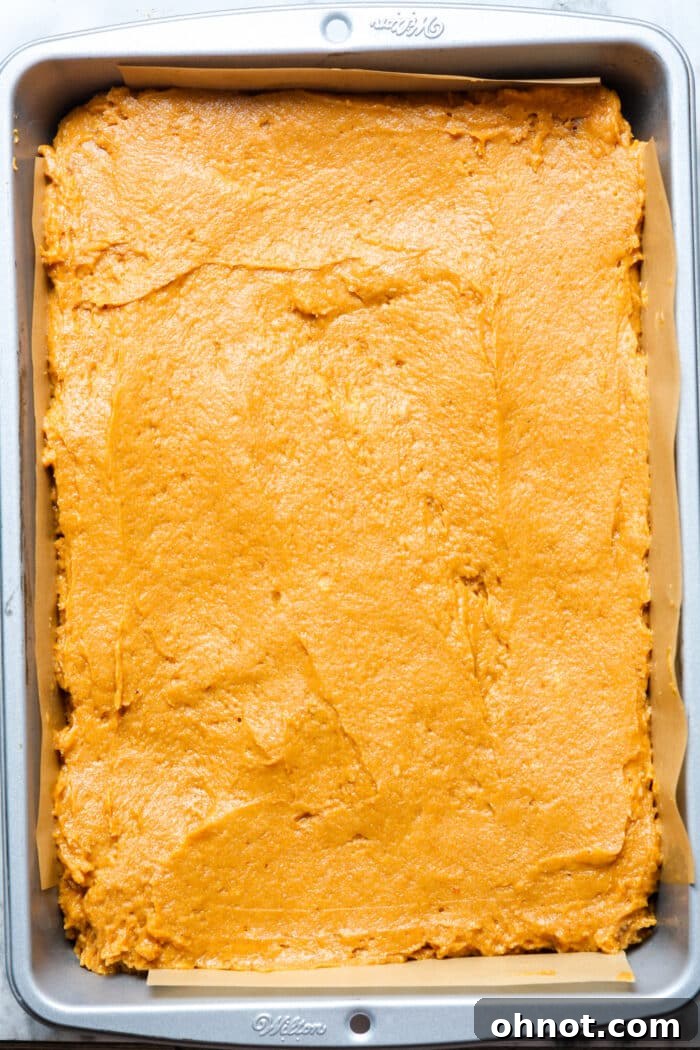 Rectangular baking pan with pumpkin cake batter spread evenly.
