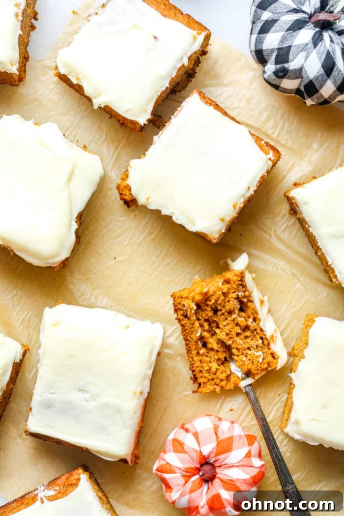 A large gluten-free pumpkin sheet cake, frosted and ready to be served.