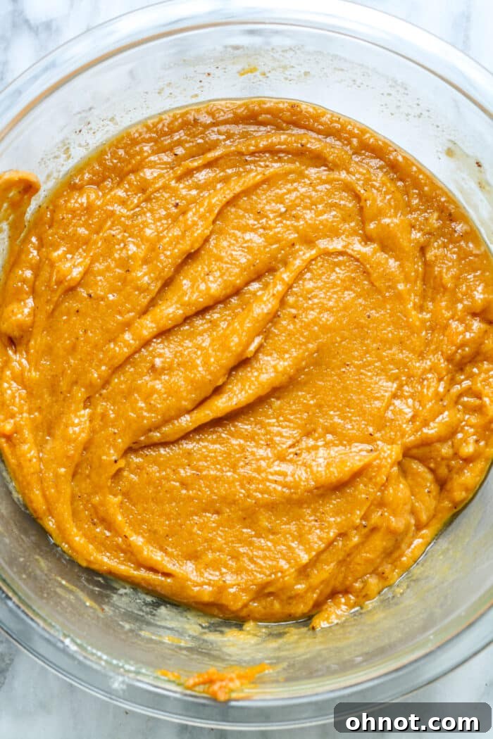 Pumpkin batter in glass bowl. Rich, spiced pumpkin mixture with brown butter.