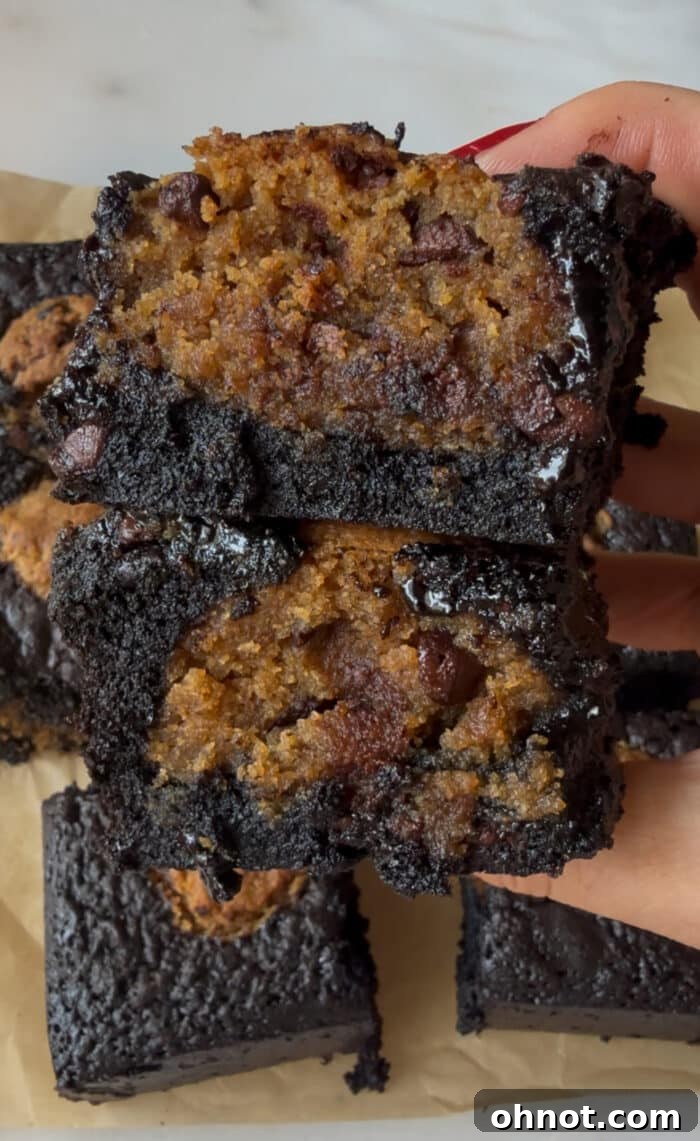 Close-up of thick, decadent brookies, showcasing their two layers.