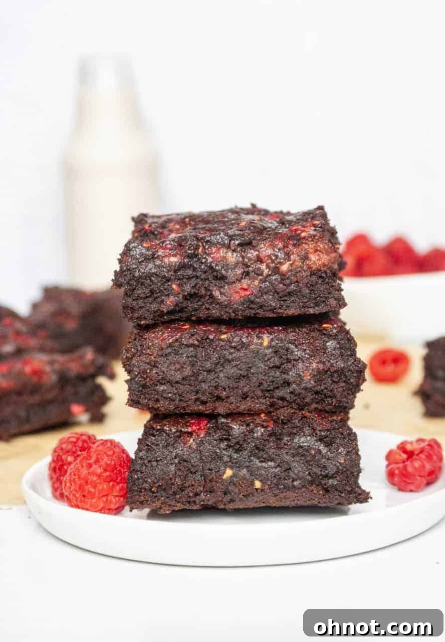 Close-up of a perfectly cut fudgy grain-free raspberry brownie, showcasing the rich chocolate interior and the vibrant raspberry swirl.