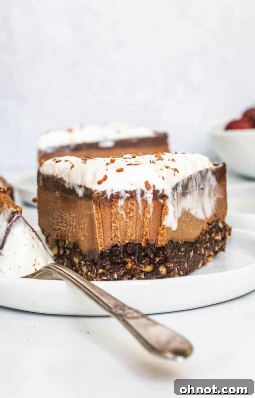Decadent slice of triple chocolate no-bake vegan cheesecake with a rich crust, creamy filling, and glossy topping.