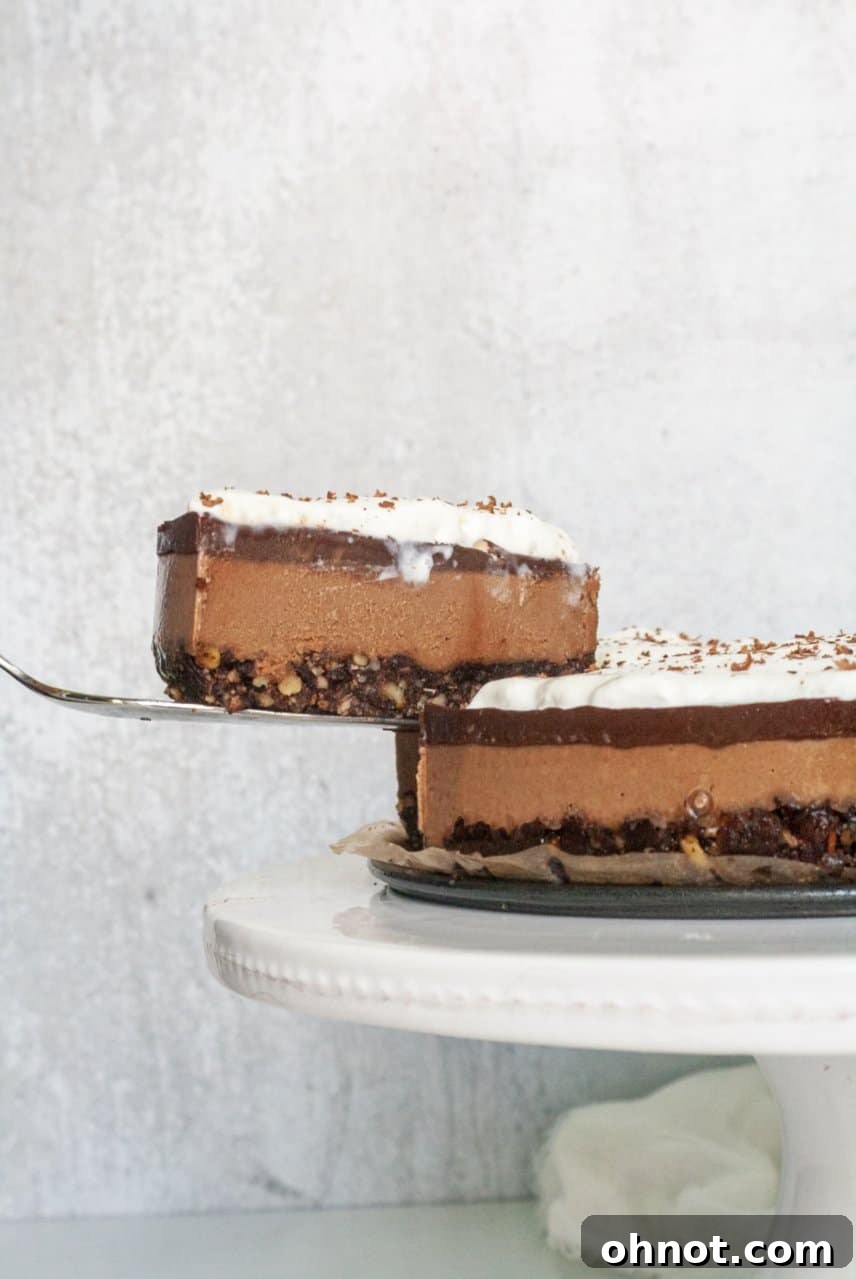 Close-up of the smooth, creamy top layer of the triple chocolate vegan cheesecake, ready for serving.