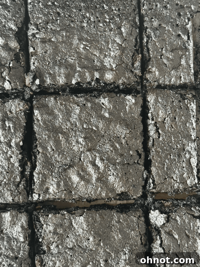 Close-up of freshly cut dark chocolate brown butter brownie squares.
