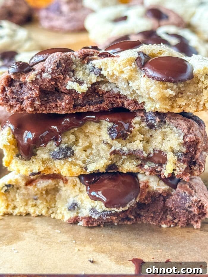 Close-up of baked chocolate vanilla swirl cookies, showcasing their perfect texture and distinct marbling.