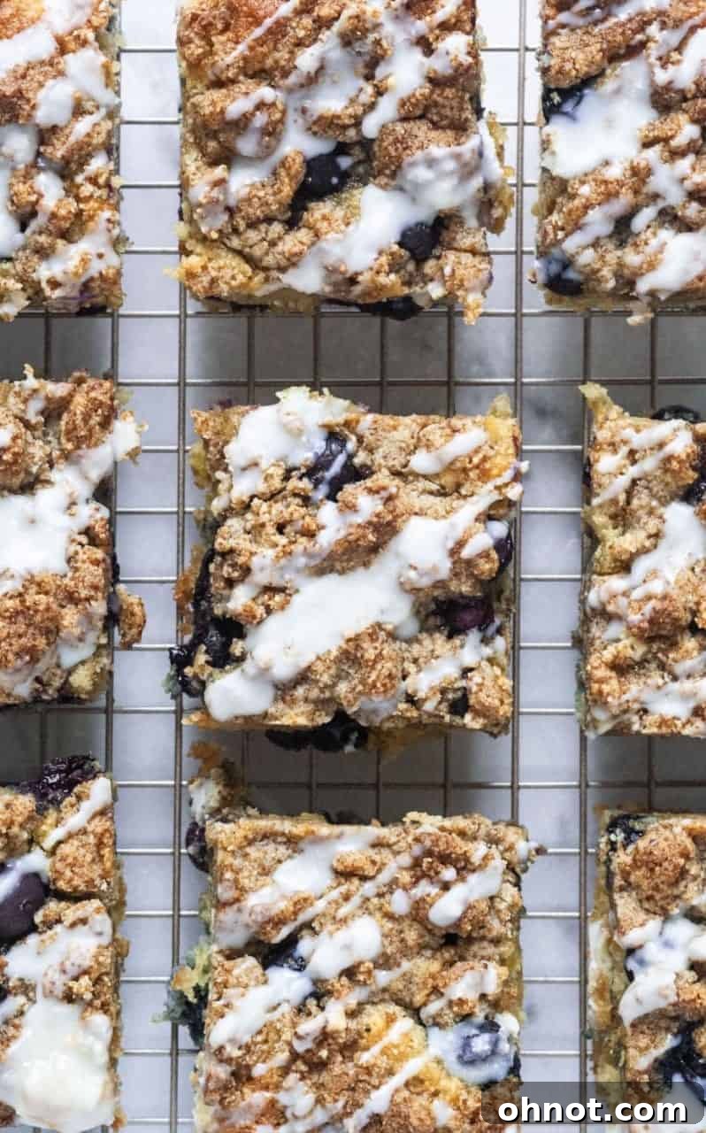 Freshly baked Paleo Lemon Blueberry Coffee Cake with crumb topping and lemon glaze, ready to be sliced