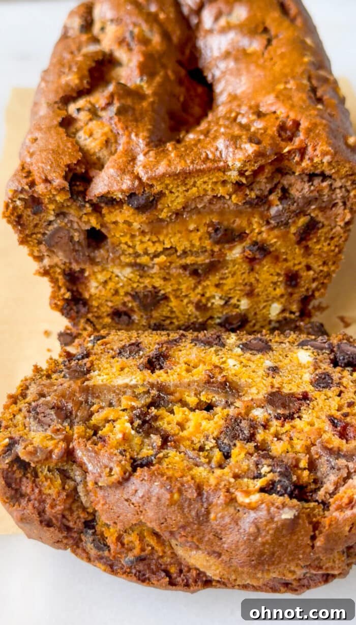 A perfectly sliced piece of pumpkin cookie dough bread, ready to eat.