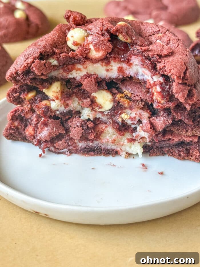A stack of gooey red velvet cheesecake cookies, showing the soft center and melted white chocolate.