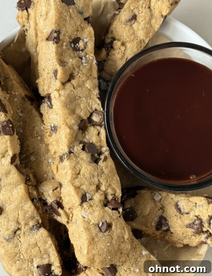 A serving of crispy cookie fries drizzled with hot fudge, ready to be enjoyed.