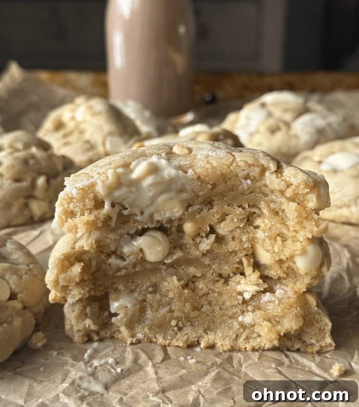 Close-up of gooey white chocolate chips in a baked cookie, highlighting the buttery texture.