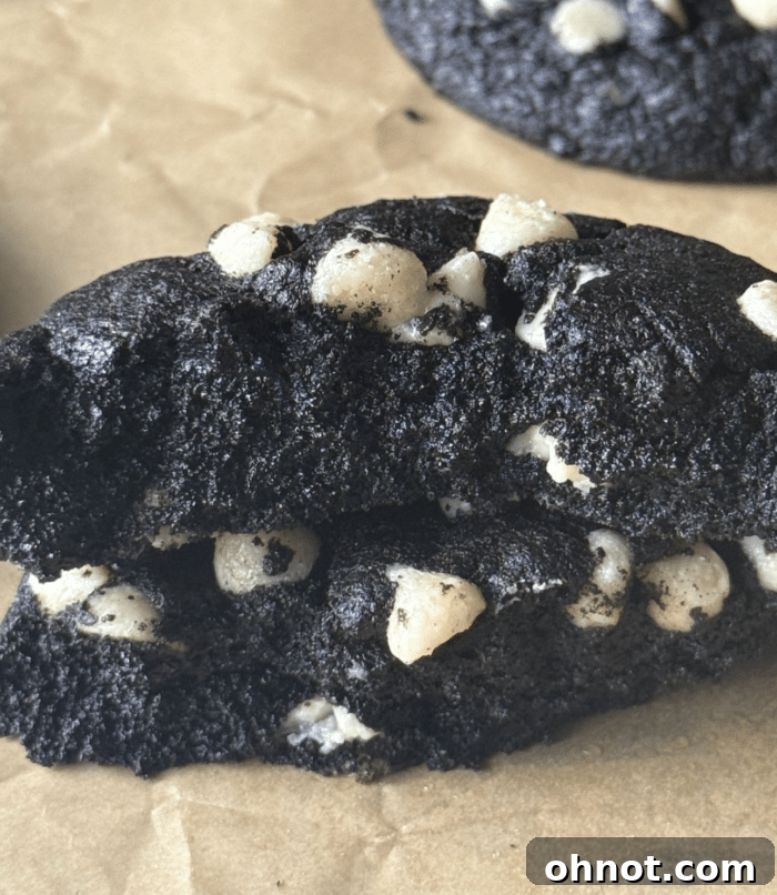 White chocolate chip cookie with dark chocolate base.