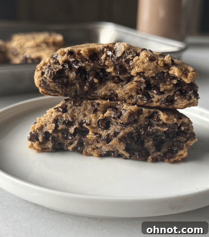 Delicious 3-ingredient protein cookies stacked, highlighting their soft texture and melted chocolate chips.