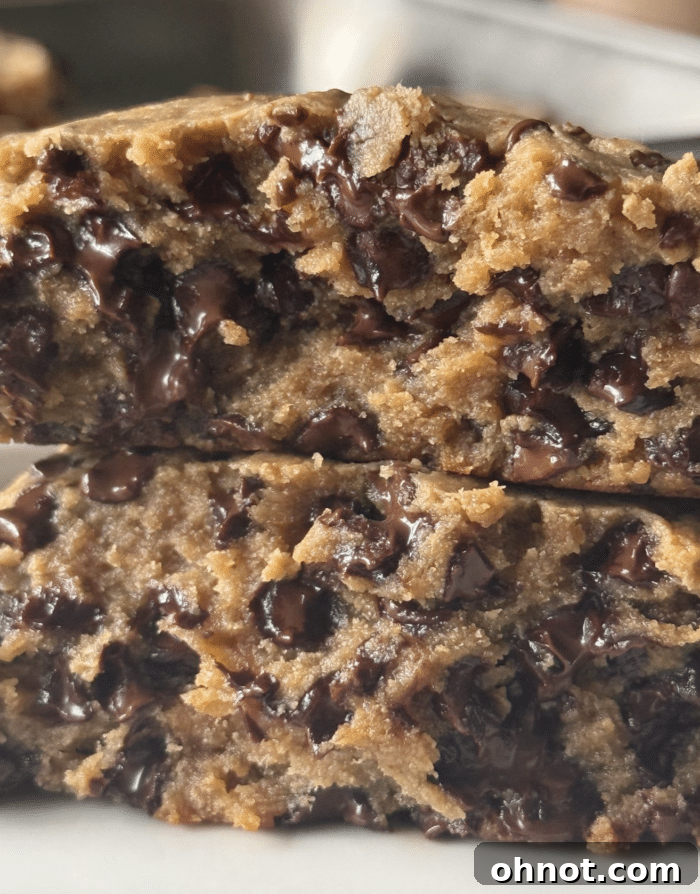 Close-up view of a freshly baked 3-ingredient protein cookie with visible melted chocolate chips, highlighting its soft and chewy texture.