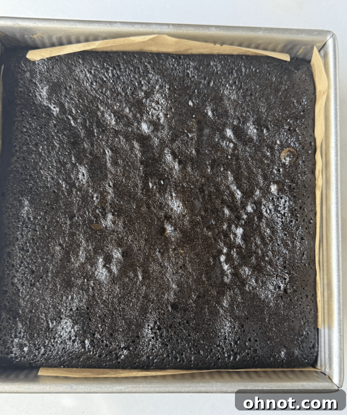 Freshly baked brookies cooling in the pan, showing a slightly cracked top.
