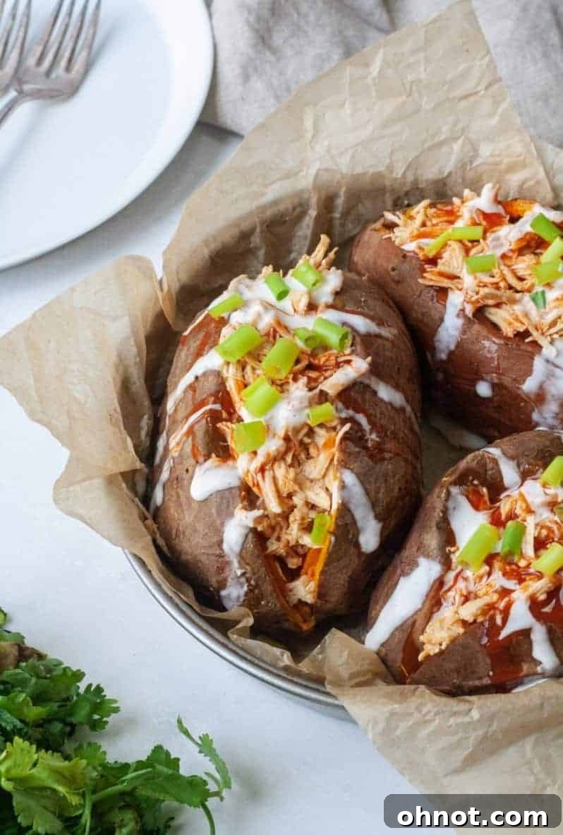 Close-up of Buffalo Chicken Stuffed Sweet Potato