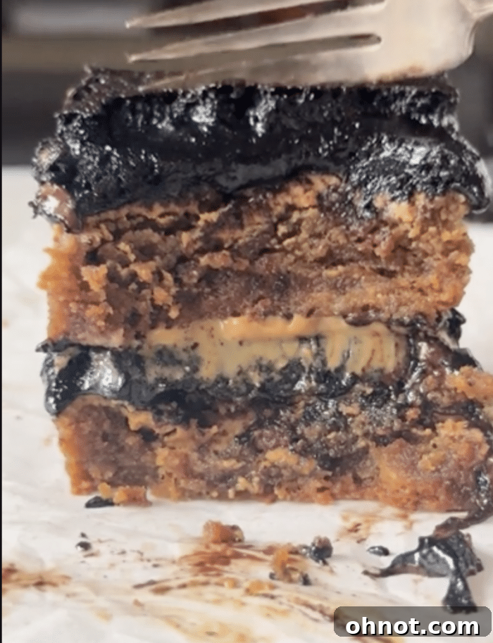 Cross-section of peanut butter stuffed brookies.