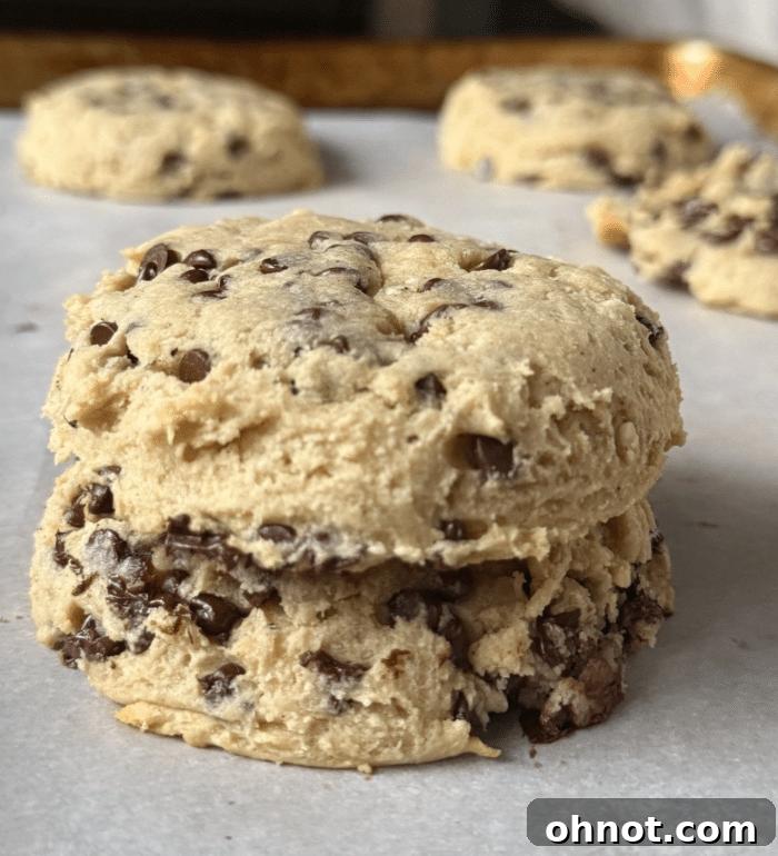 Irresistibly thick and soft Cottage Cheese Chocolate Chip Cookies, showcasing their bakery-style appearance and delightful golden edges.