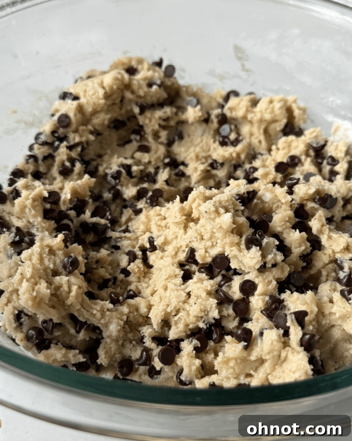 Close-up view of homemade cookie dough generously studded with an abundance of mini dark chocolate chips.