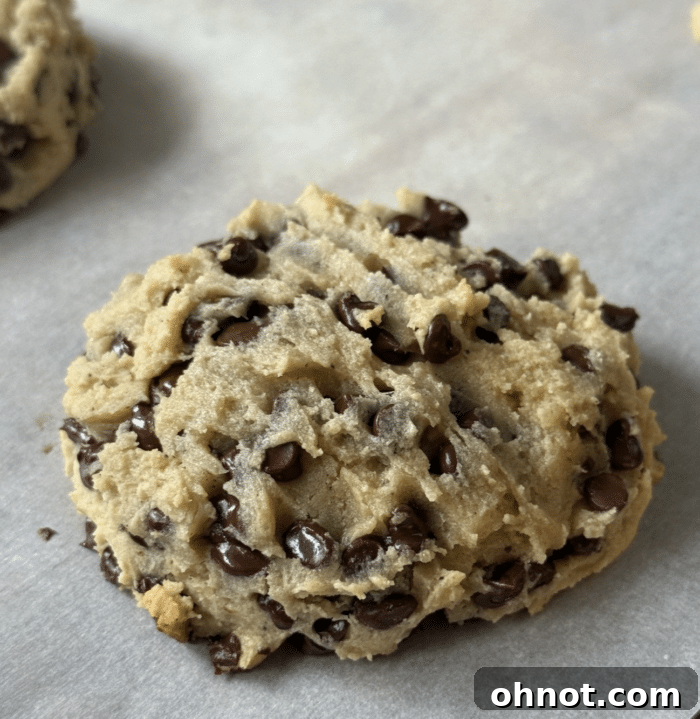 Freshly baked mini chocolate chip cottage cheese cookie, showcasing its golden-brown edges and soft center, just out of the oven.